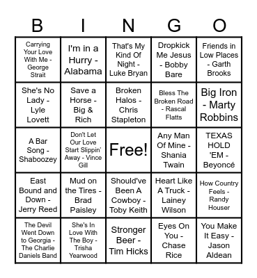 Country Hits! Bingo Card