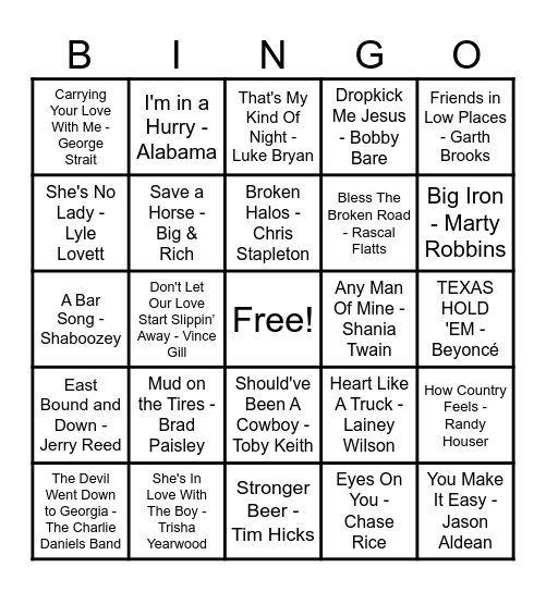 Country Hits! Bingo Card
