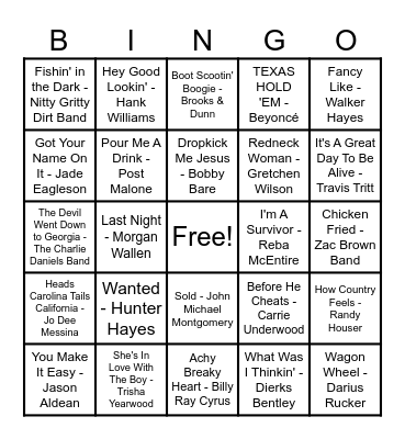 Country Hits! Bingo Card