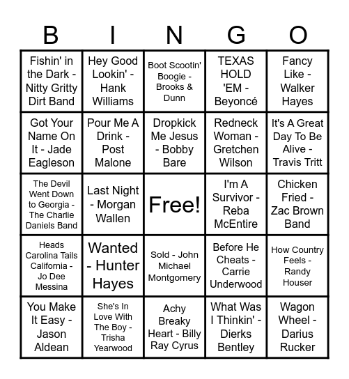 Country Hits! Bingo Card