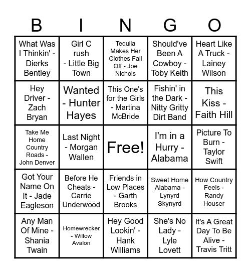 Country Hits! Bingo Card