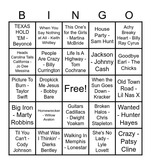 Country Hits! Bingo Card
