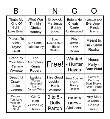 Country Hits! Bingo Card