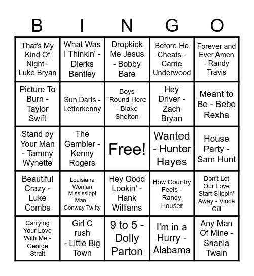 Country Hits! Bingo Card