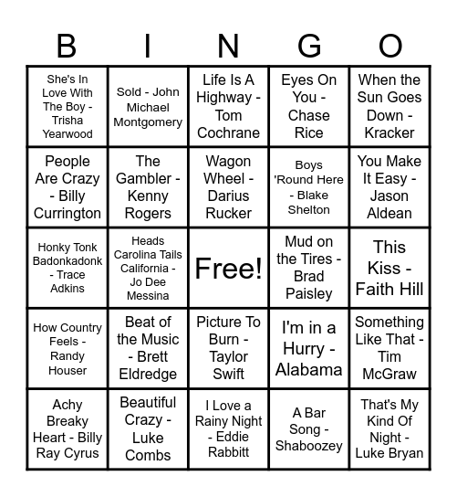 Country Hits! Bingo Card