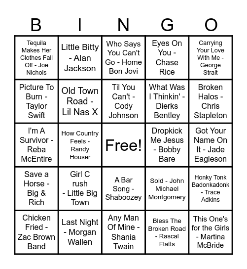 Country Hits! Bingo Card