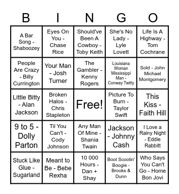 Country Hits! Bingo Card