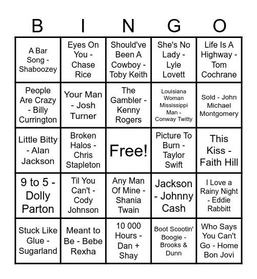 Country Hits! Bingo Card