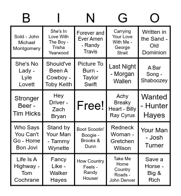 Country Hits! Bingo Card