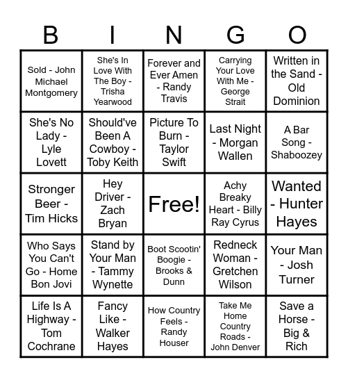 Country Hits! Bingo Card