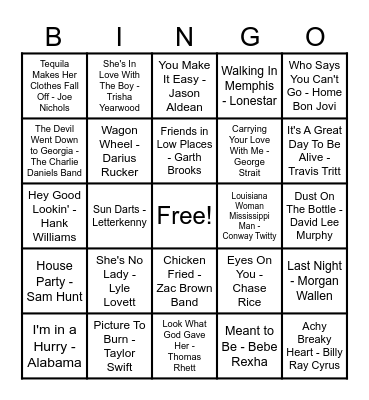 Country Hits! Bingo Card