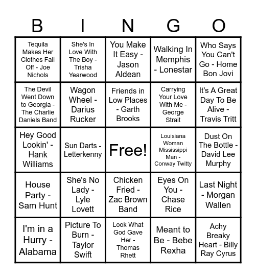 Country Hits! Bingo Card