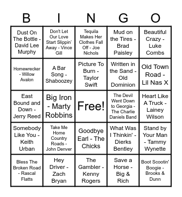 Country Hits! Bingo Card