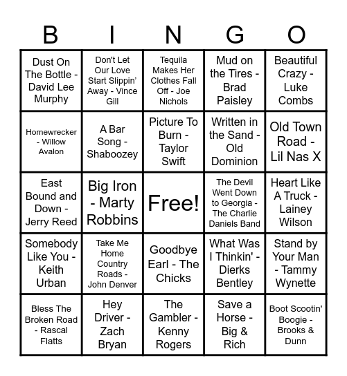 Country Hits! Bingo Card