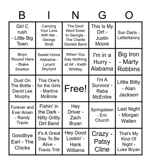 Country Hits! Bingo Card