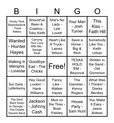 Country Hits! Bingo Card