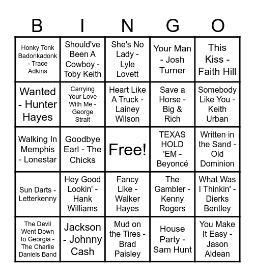 Country Hits! Bingo Card