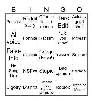 Yt shorts bingo Card