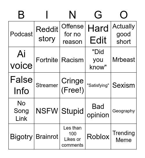 Yt shorts bingo Card