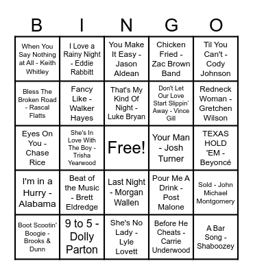 Country Hits! Bingo Card