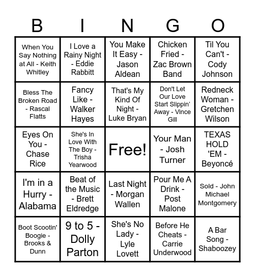 Country Hits! Bingo Card
