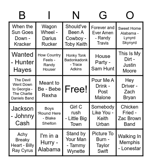 Country Hits! Bingo Card