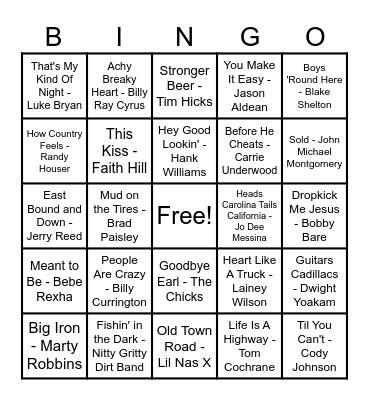 Country Hits! Bingo Card
