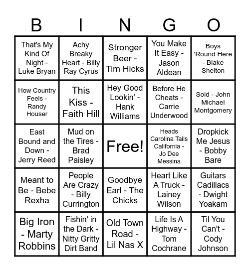 Country Hits! Bingo Card