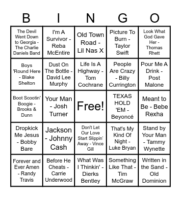 Country Hits! Bingo Card