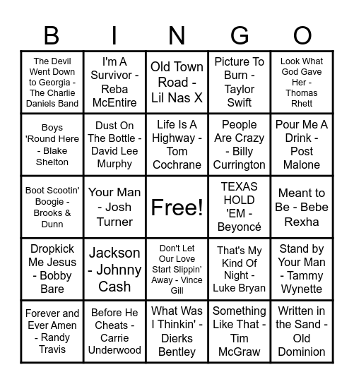 Country Hits! Bingo Card
