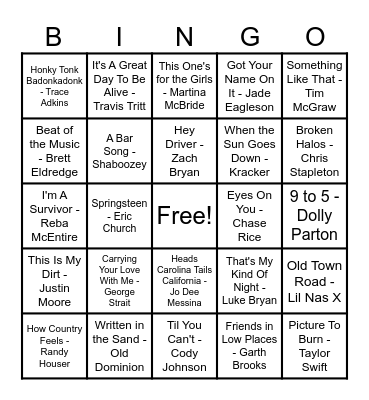 Country Hits! Bingo Card