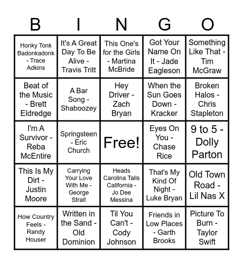 Country Hits! Bingo Card
