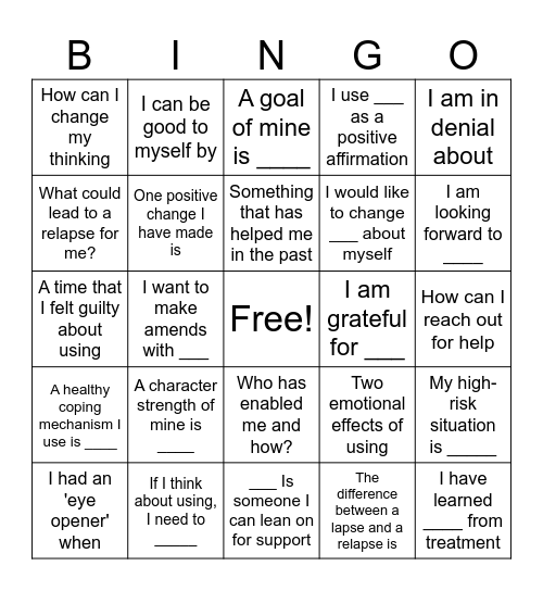 Recovery Bingo Card