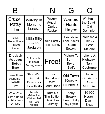 Country Hits! Bingo Card