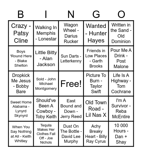 Country Hits! Bingo Card