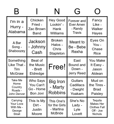Country Hits! Bingo Card