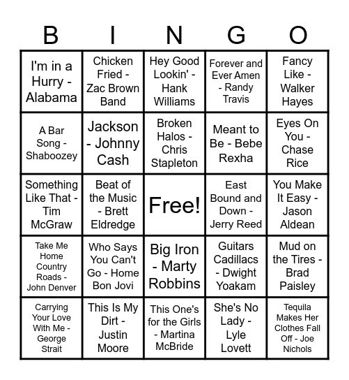 Country Hits! Bingo Card