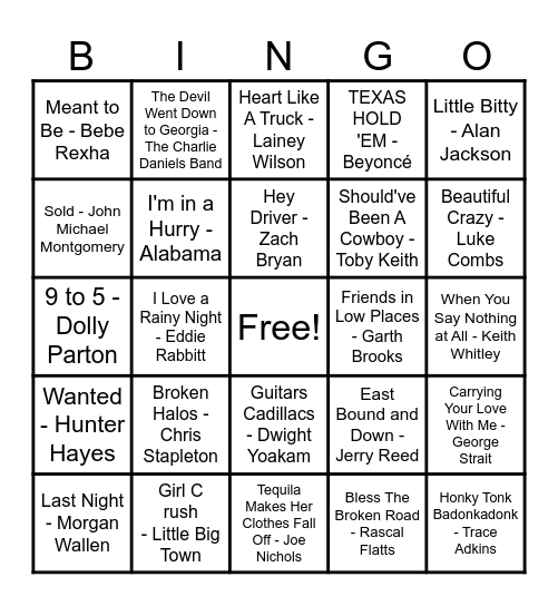 Country Hits! Bingo Card