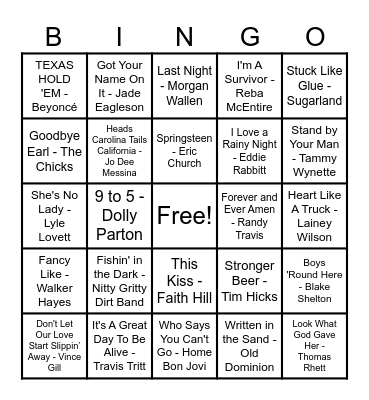 Country Hits! Bingo Card