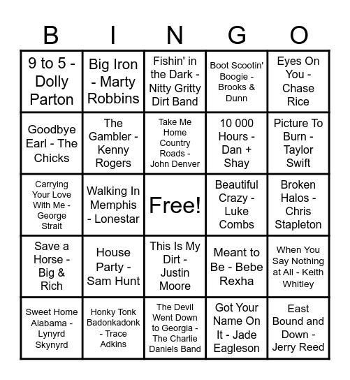 Country Hits! Bingo Card