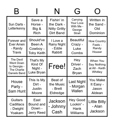 Country Hits! Bingo Card