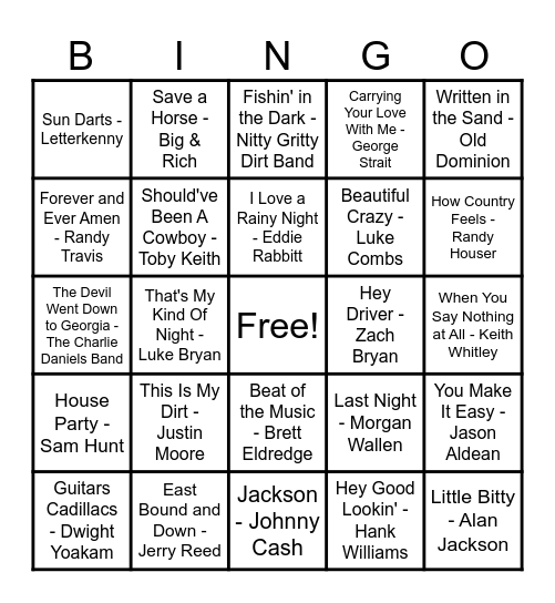 Country Hits! Bingo Card