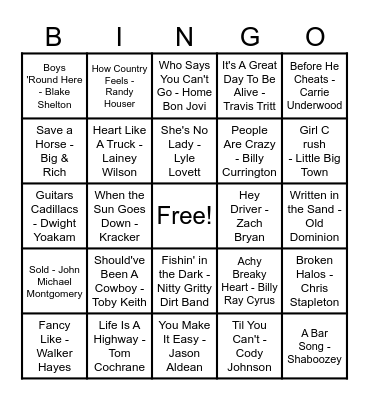 Country Hits! Bingo Card
