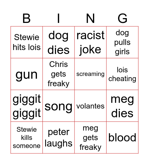 famliy guy bingo Card