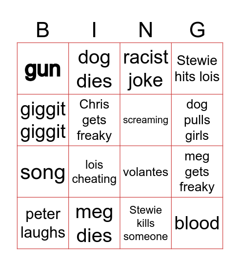 famliy guy bingo Card