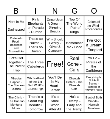 Disney Hits! Bingo Card