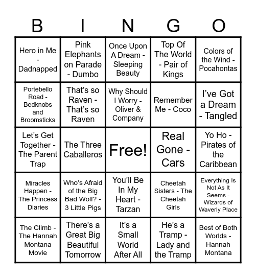 Disney Hits! Bingo Card