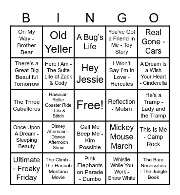 Disney Hits! Bingo Card