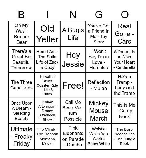 Disney Hits! Bingo Card