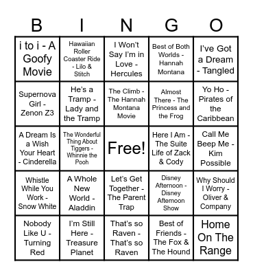 Disney Hits! Bingo Card